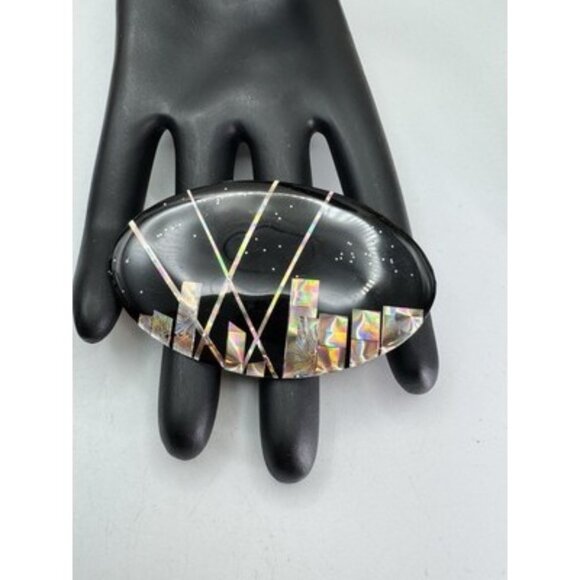 Pretty Black And Multicolor Inlay Design Modernist Brooch Over Silver Tone Metal - Picture 1 of 4